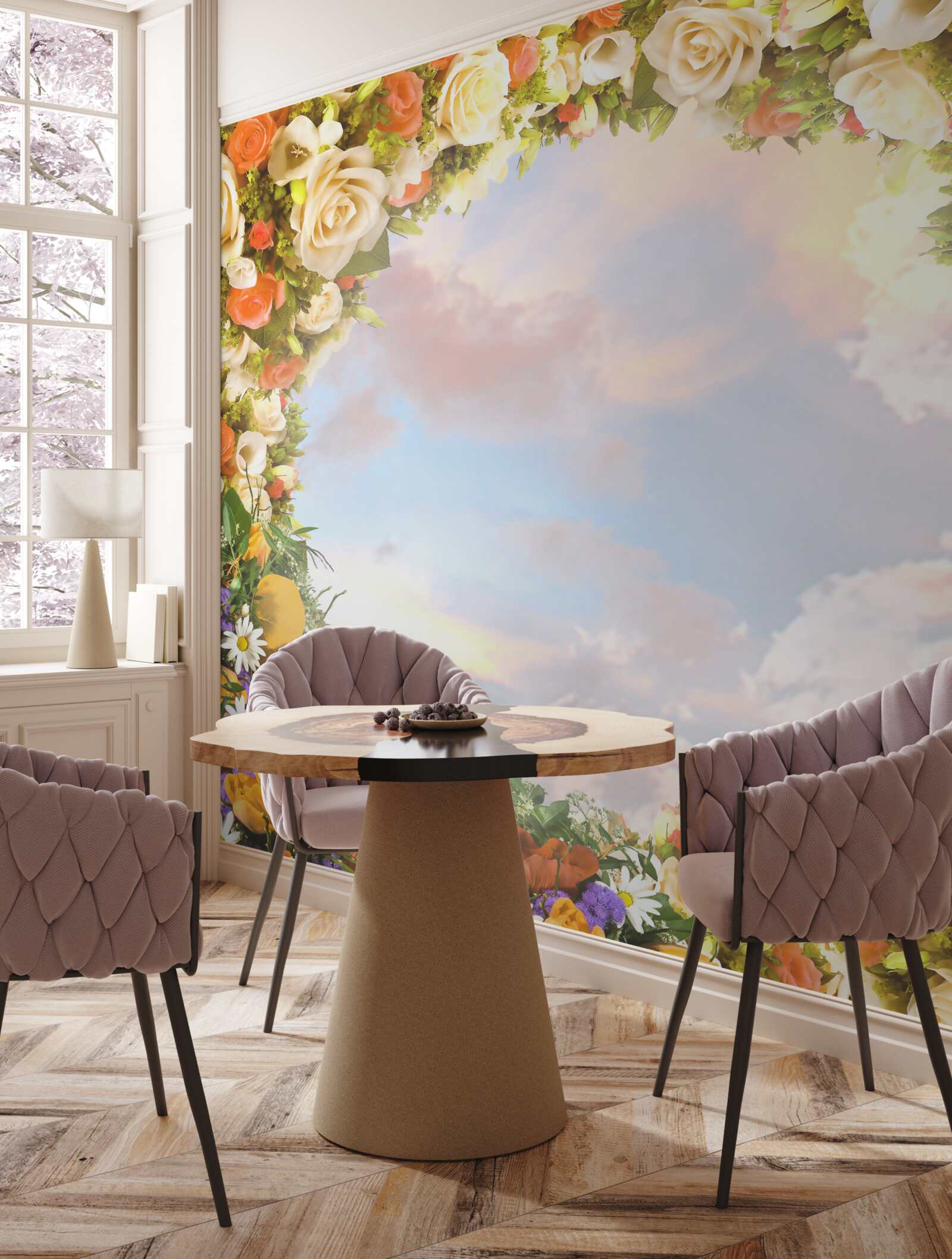 Fotobehang een hemel omringd door bloemen