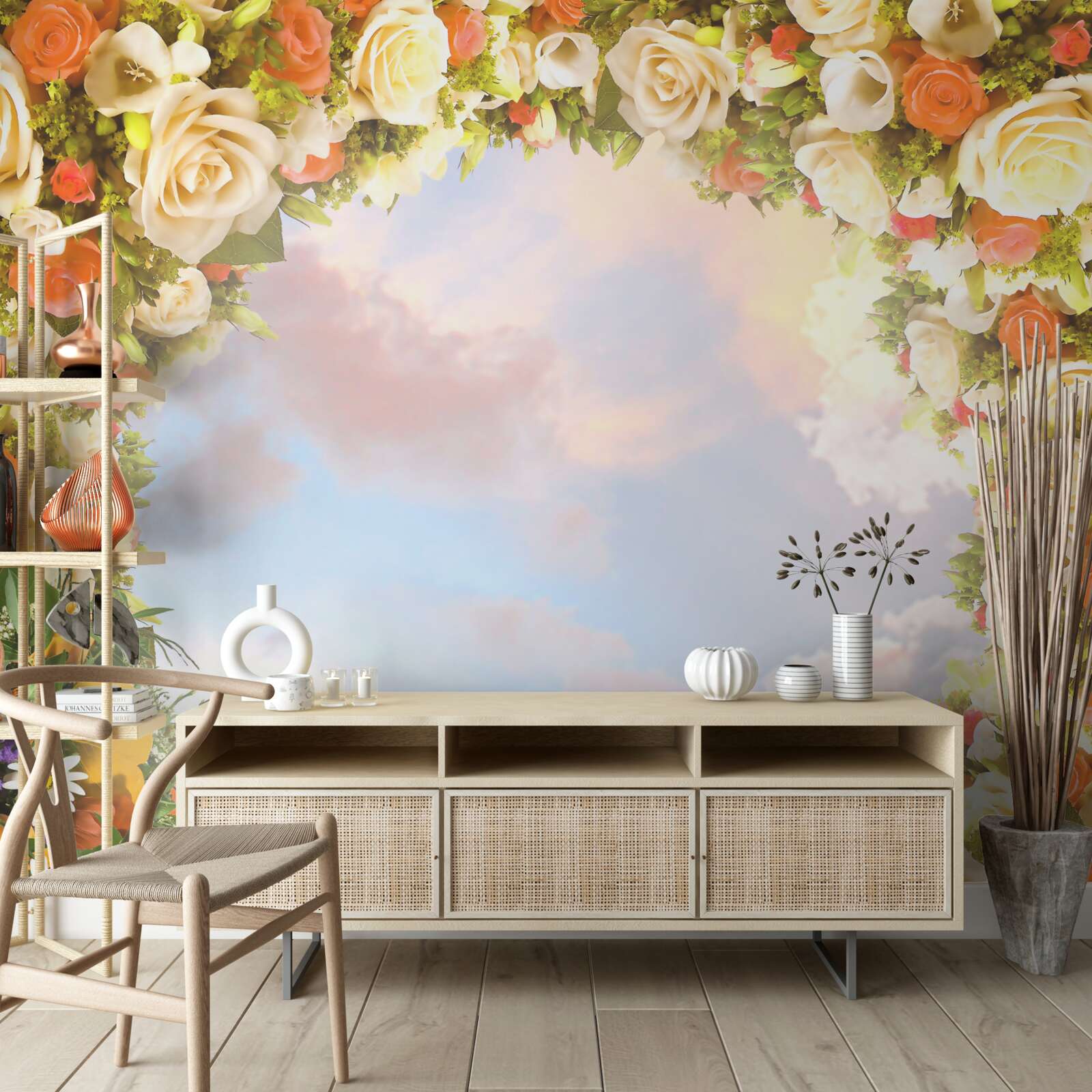 Fotobehang een hemel omringd door bloemen