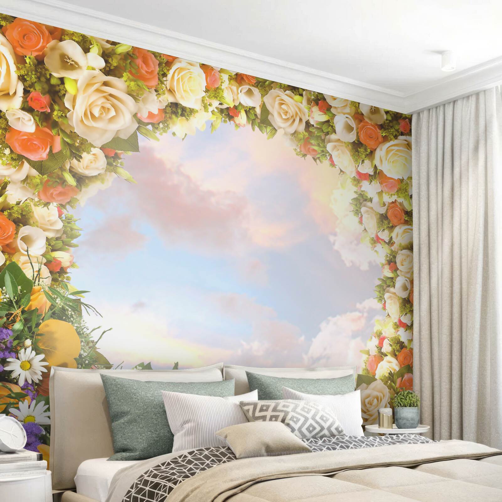 Fotobehang een hemel omringd door bloemen