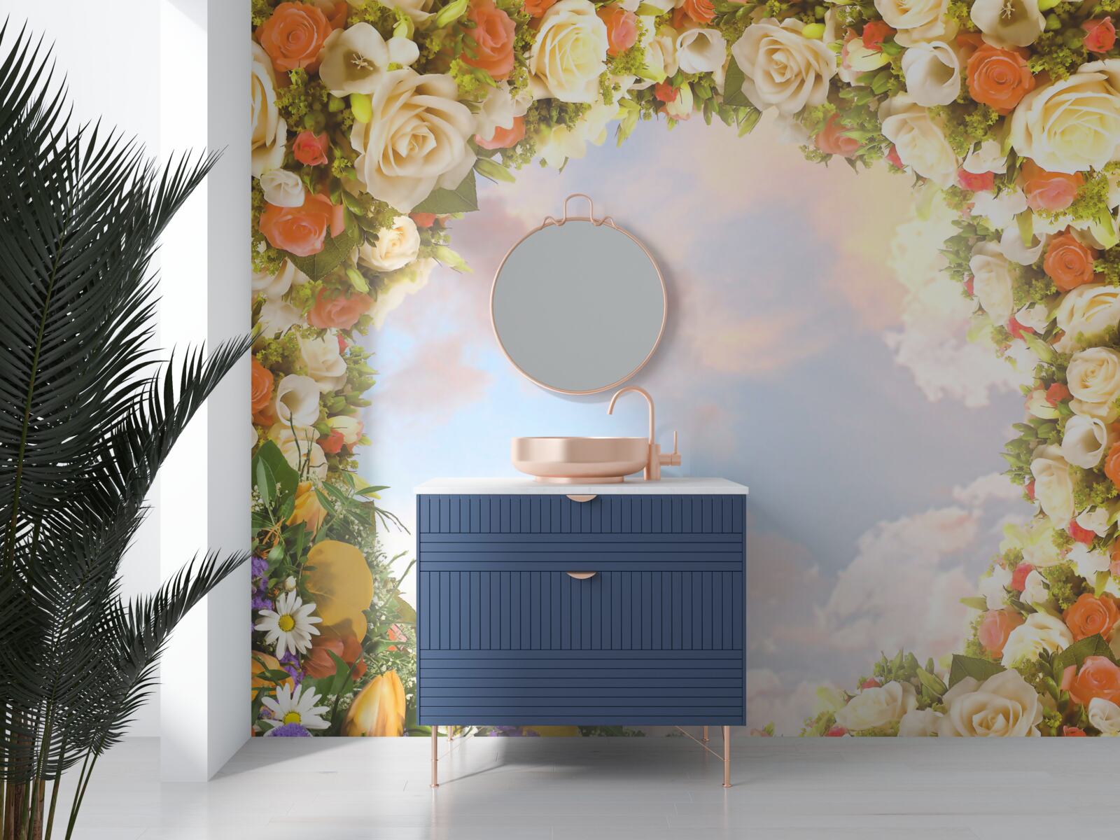 Fotobehang een hemel omringd door bloemen