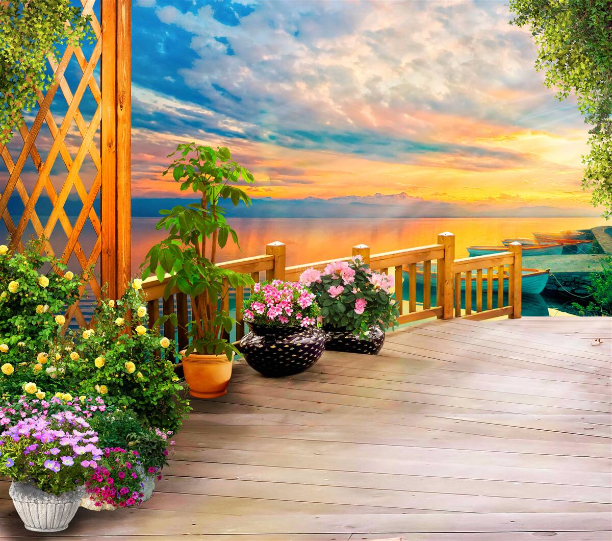 Fotobehang bloemen in potten van verschillende soorten