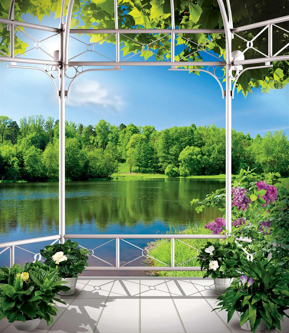 Fotobehang paviljoen met planten bij de vijver