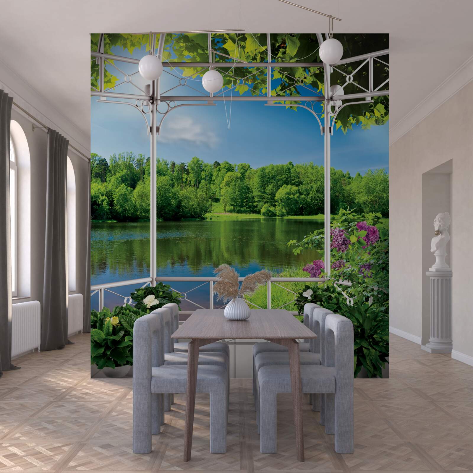 Fotobehang paviljoen met planten bij de vijver