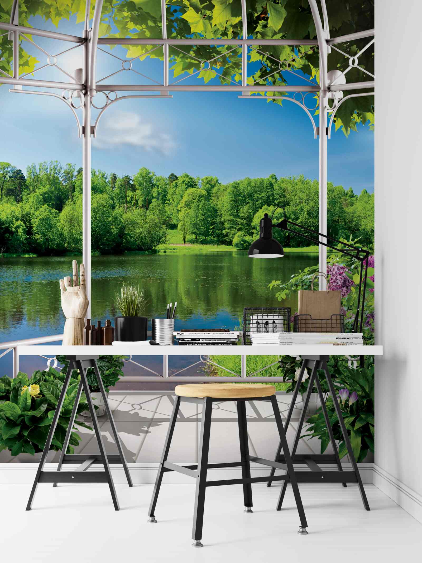 Fotobehang paviljoen met planten bij de vijver