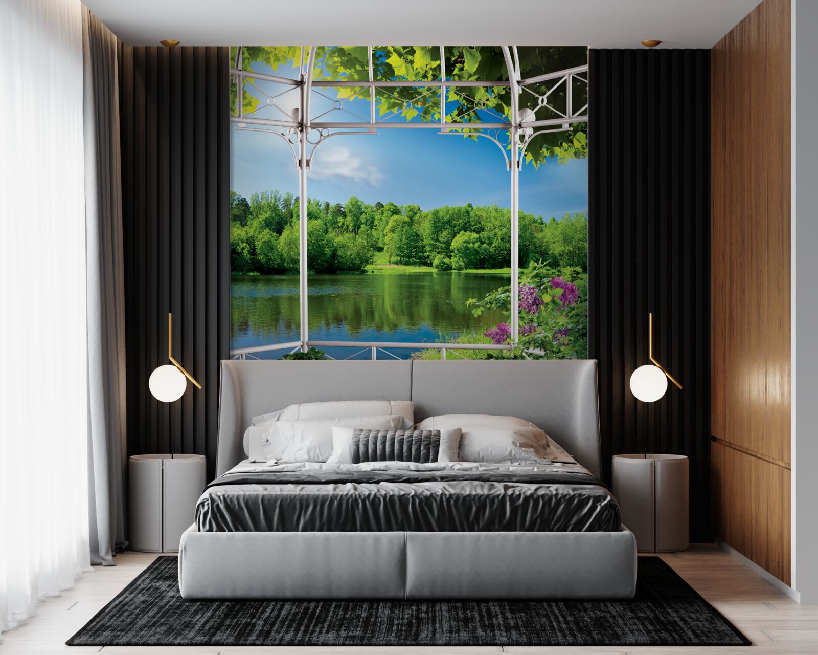 Fotobehang paviljoen met planten bij de vijver