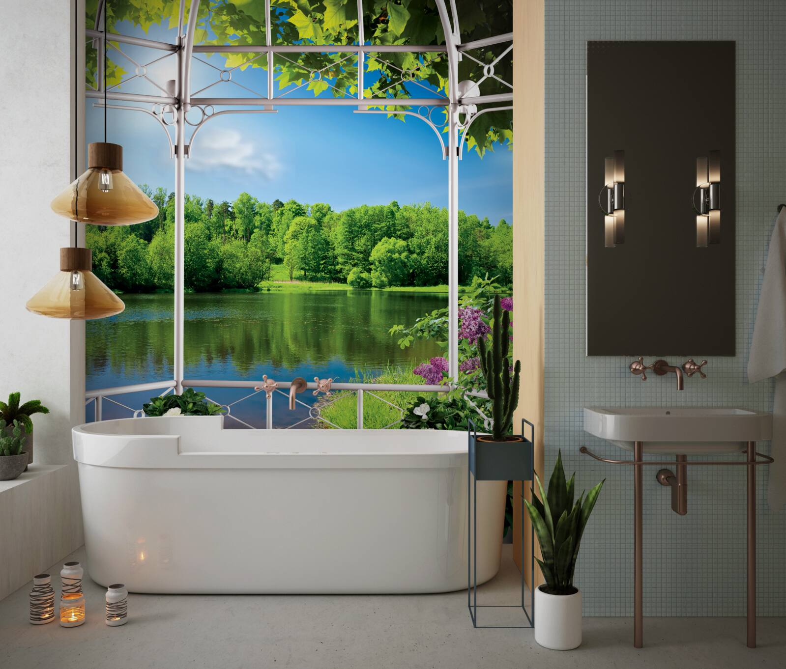 Fotobehang paviljoen met planten bij de vijver