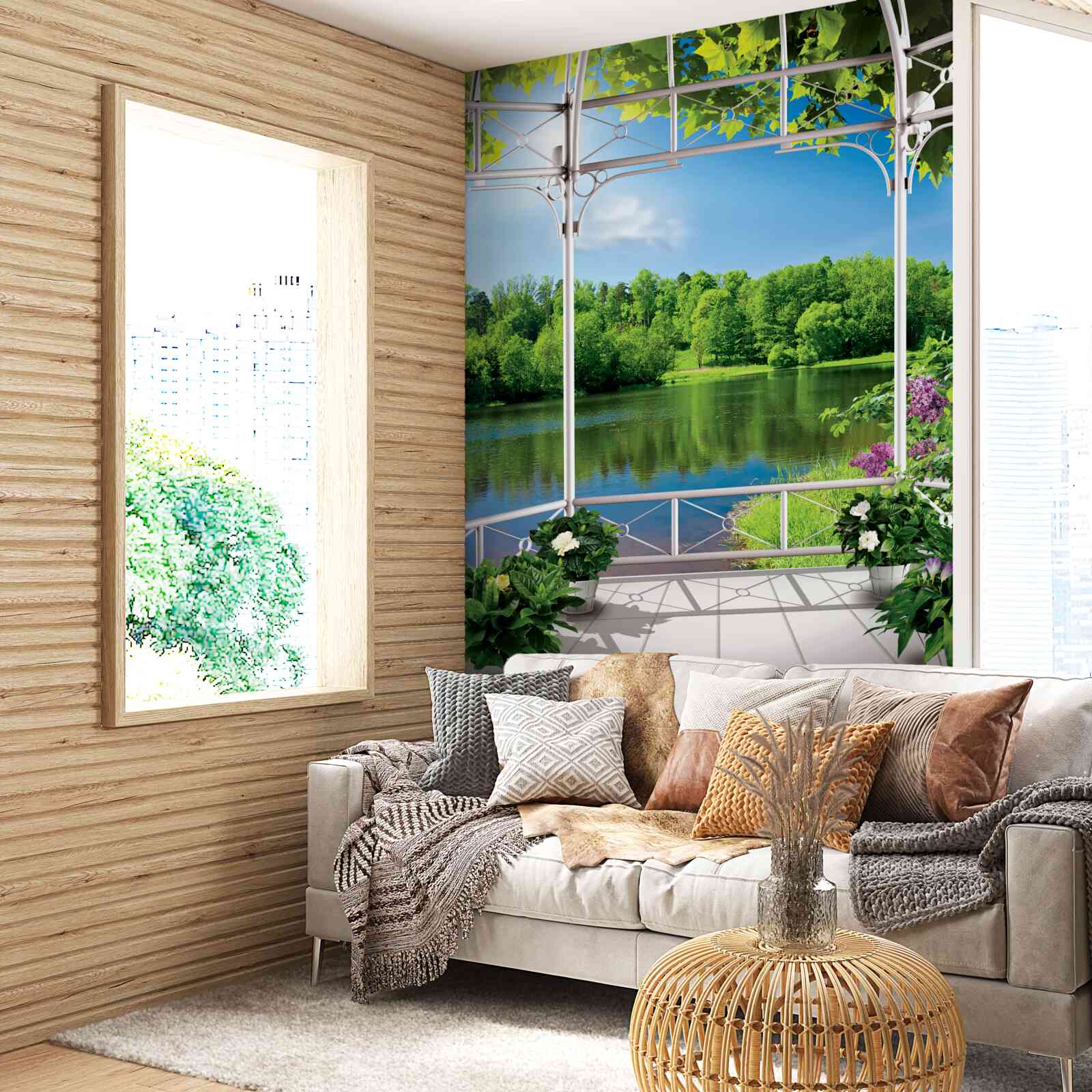 Fotobehang paviljoen met planten bij de vijver