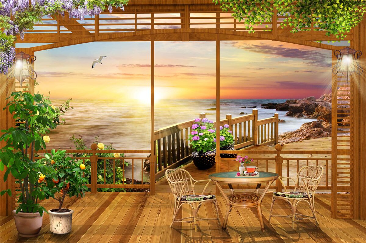 Fotobehang terras met zeezicht