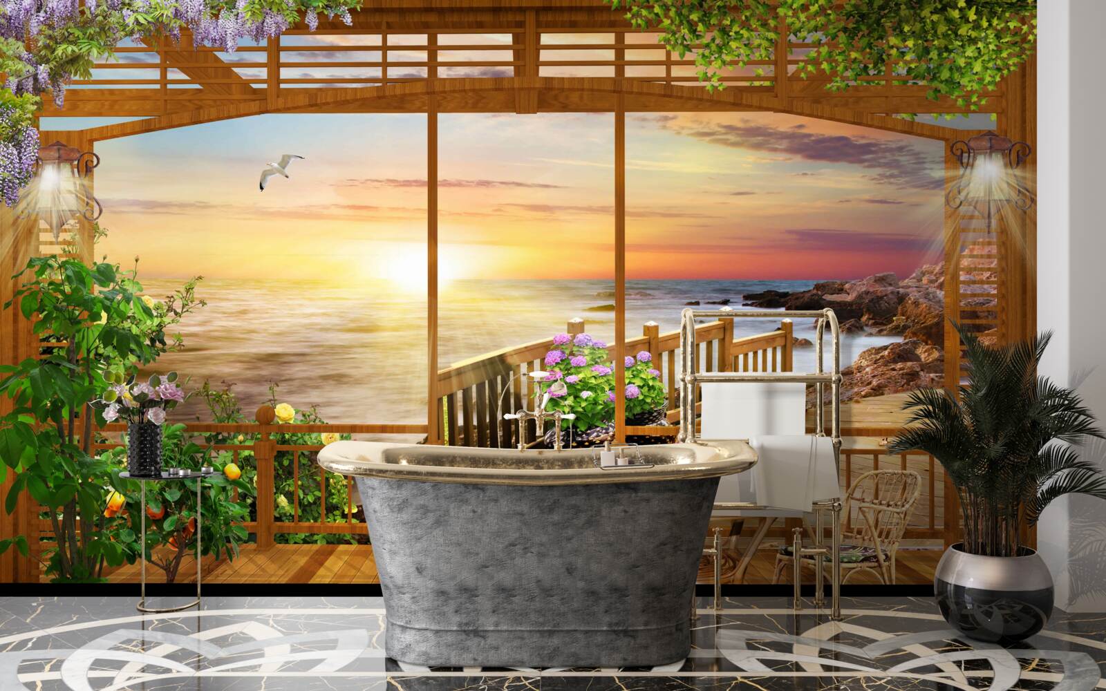 Fotobehang terras met zeezicht