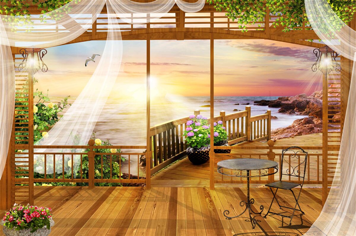 Fotobehang prachtig balkon met geweldig uitzicht