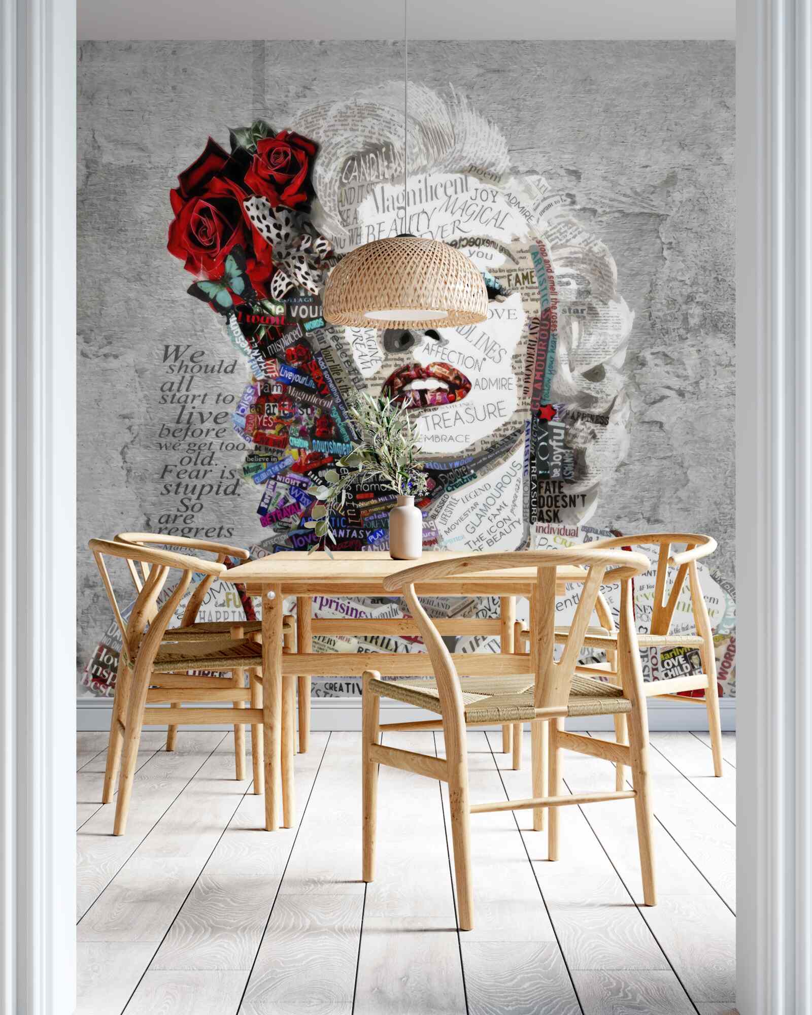 Fotobehang marilyn monroe met rode rozen in haar haar