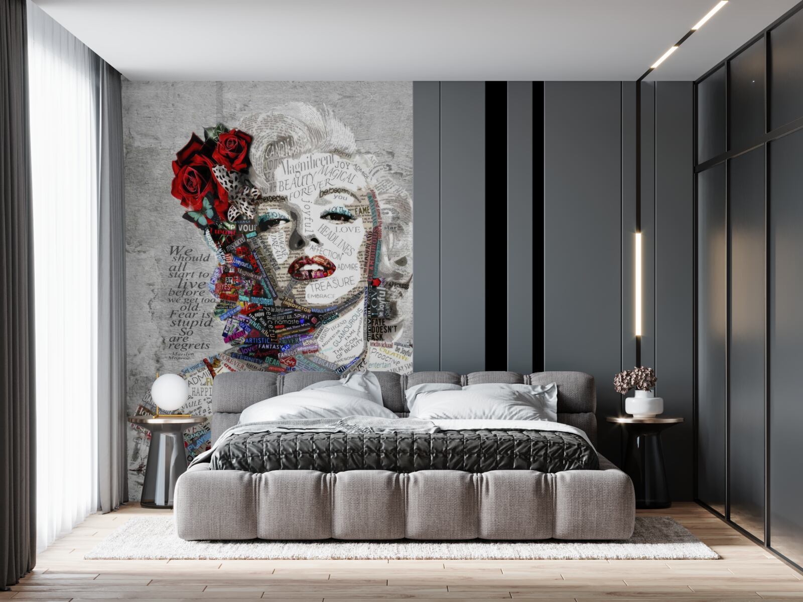 Fotobehang marilyn monroe met rode rozen in haar haar