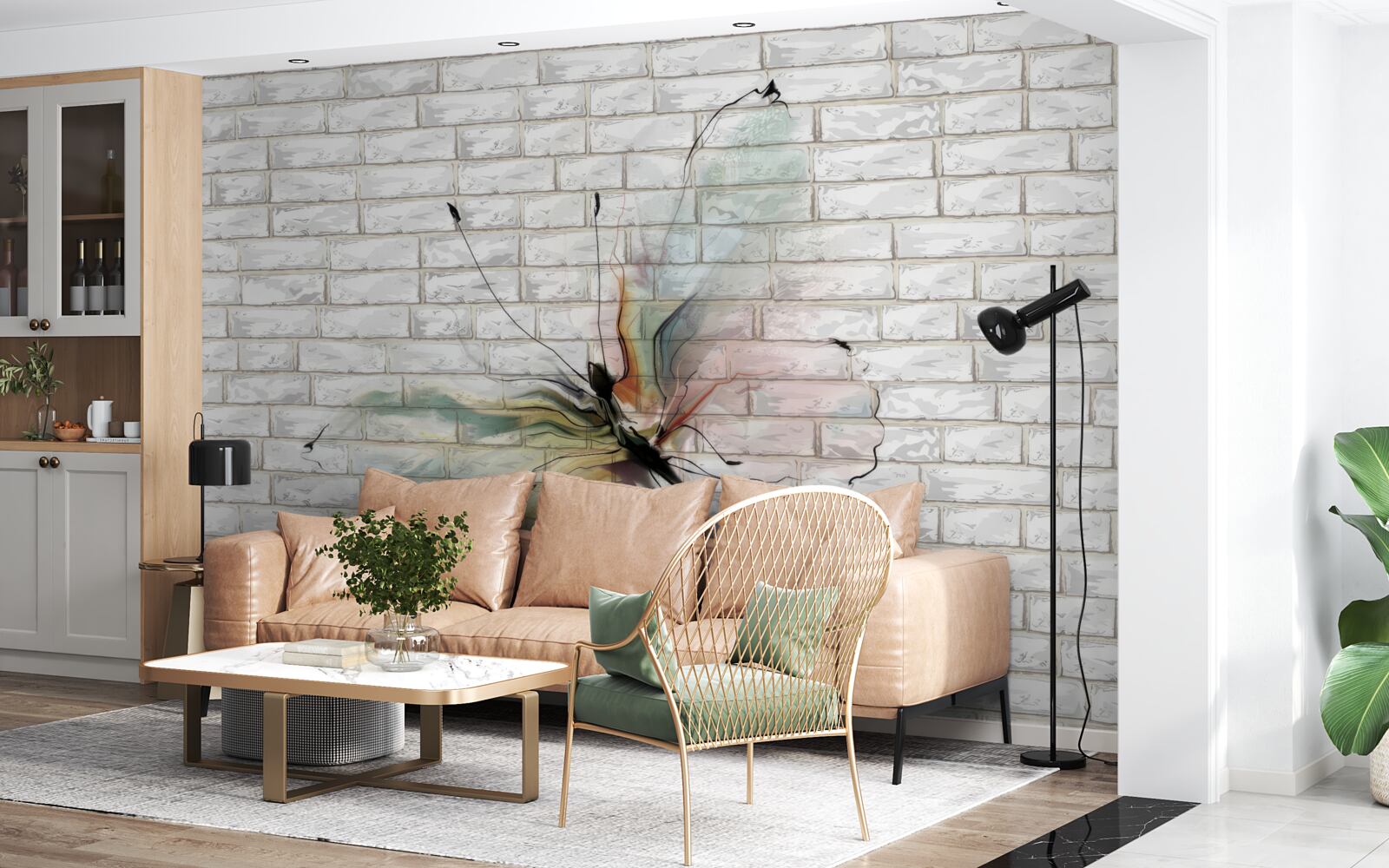 Fotobehang vlinder met transparante vleugels op een muur