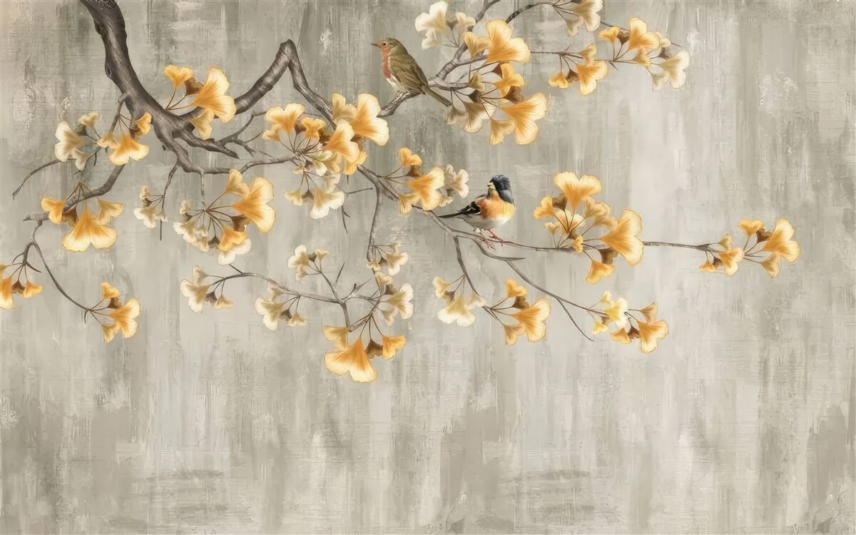 Fotobehang vogels op een tak met gele bloemen