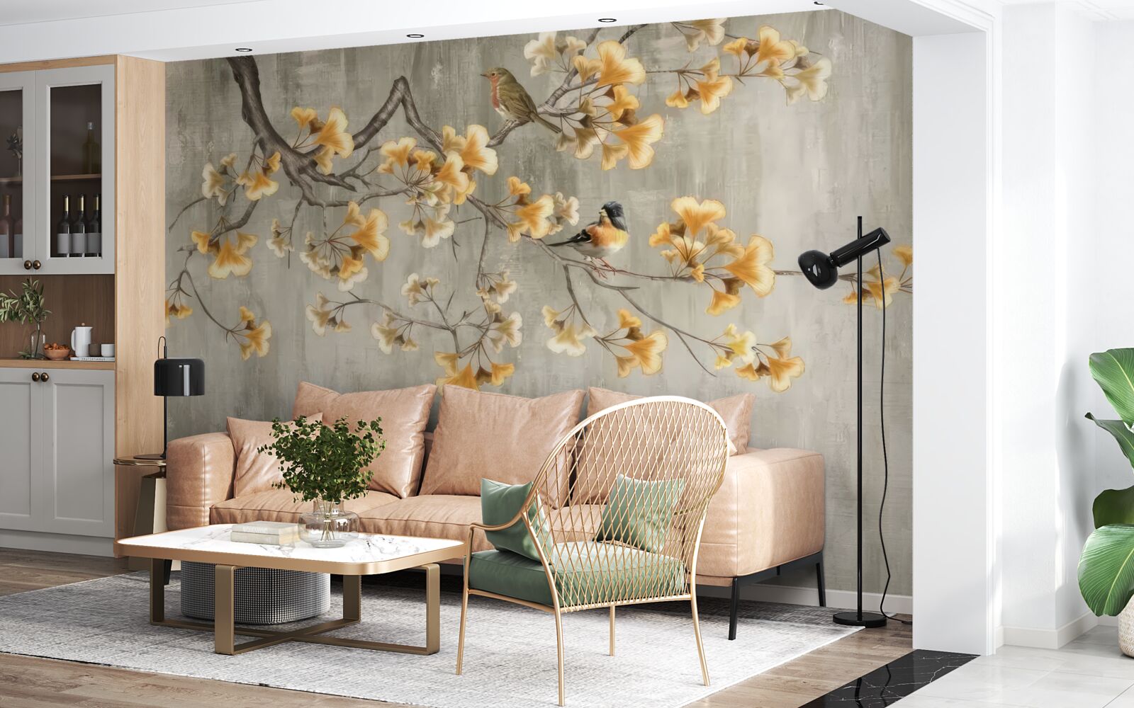 Fotobehang vogels op een tak met gele bloemen
