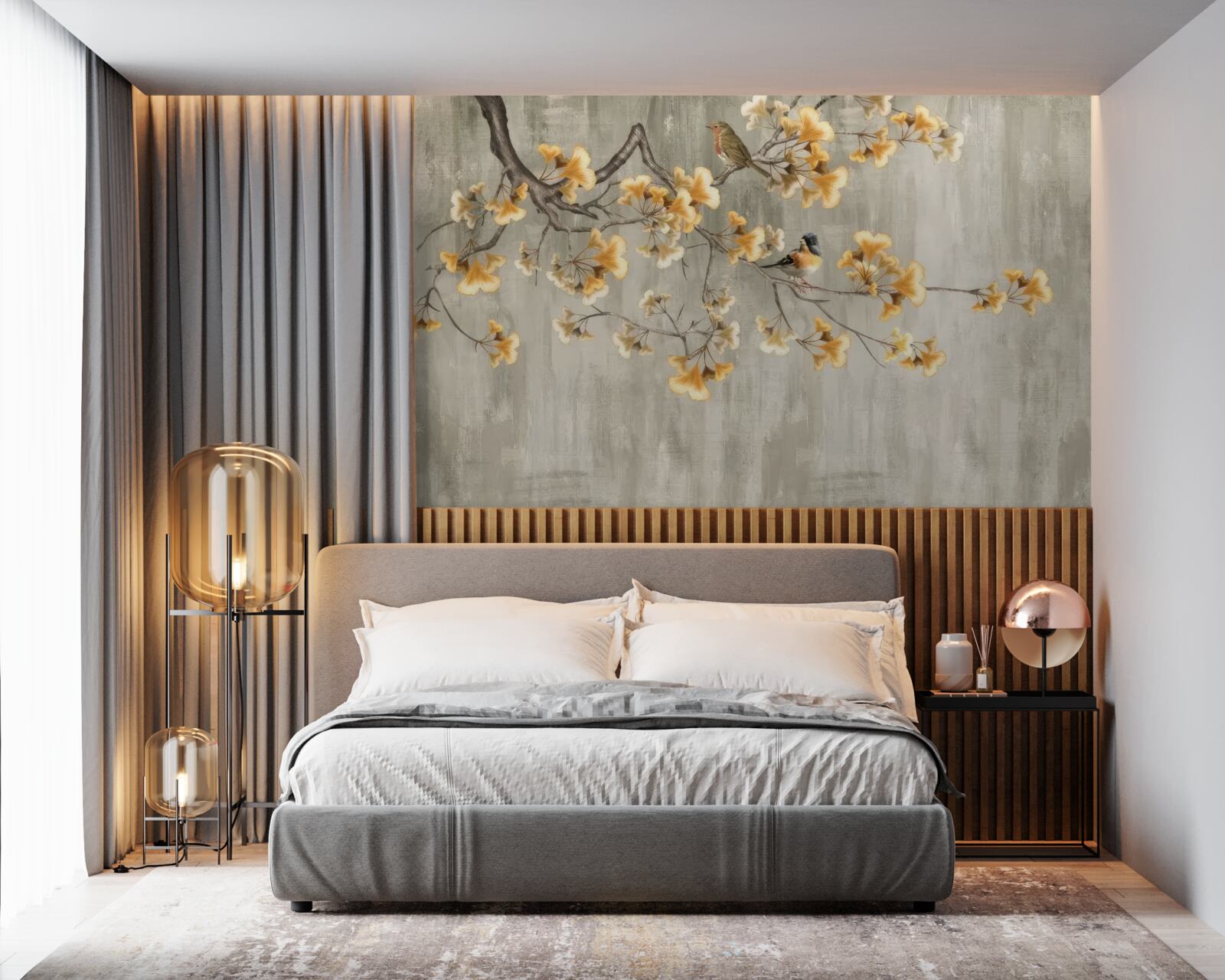 Fotobehang vogels op een tak met gele bloemen