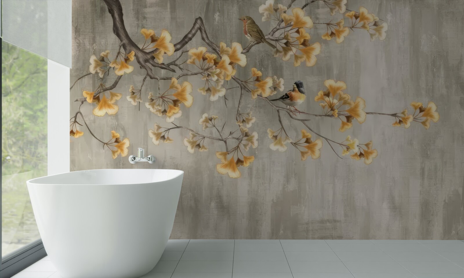 Fotobehang vogels op een tak met gele bloemen