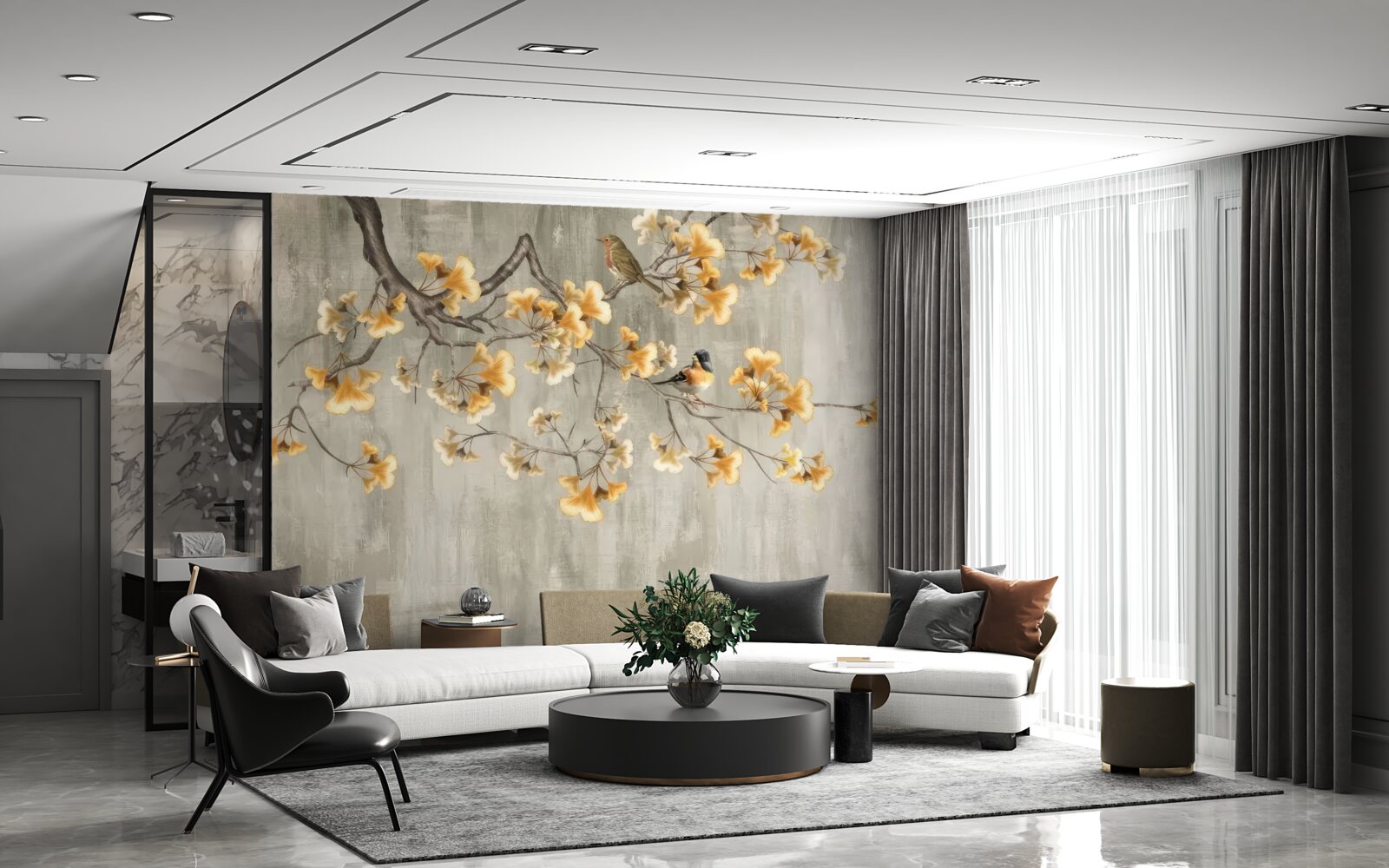 Fotobehang vogels op een tak met gele bloemen