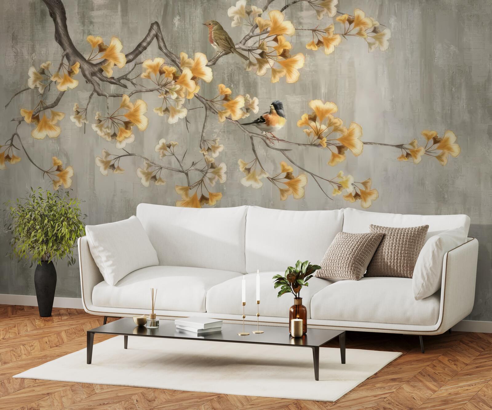 Fotobehang vogels op een tak met gele bloemen