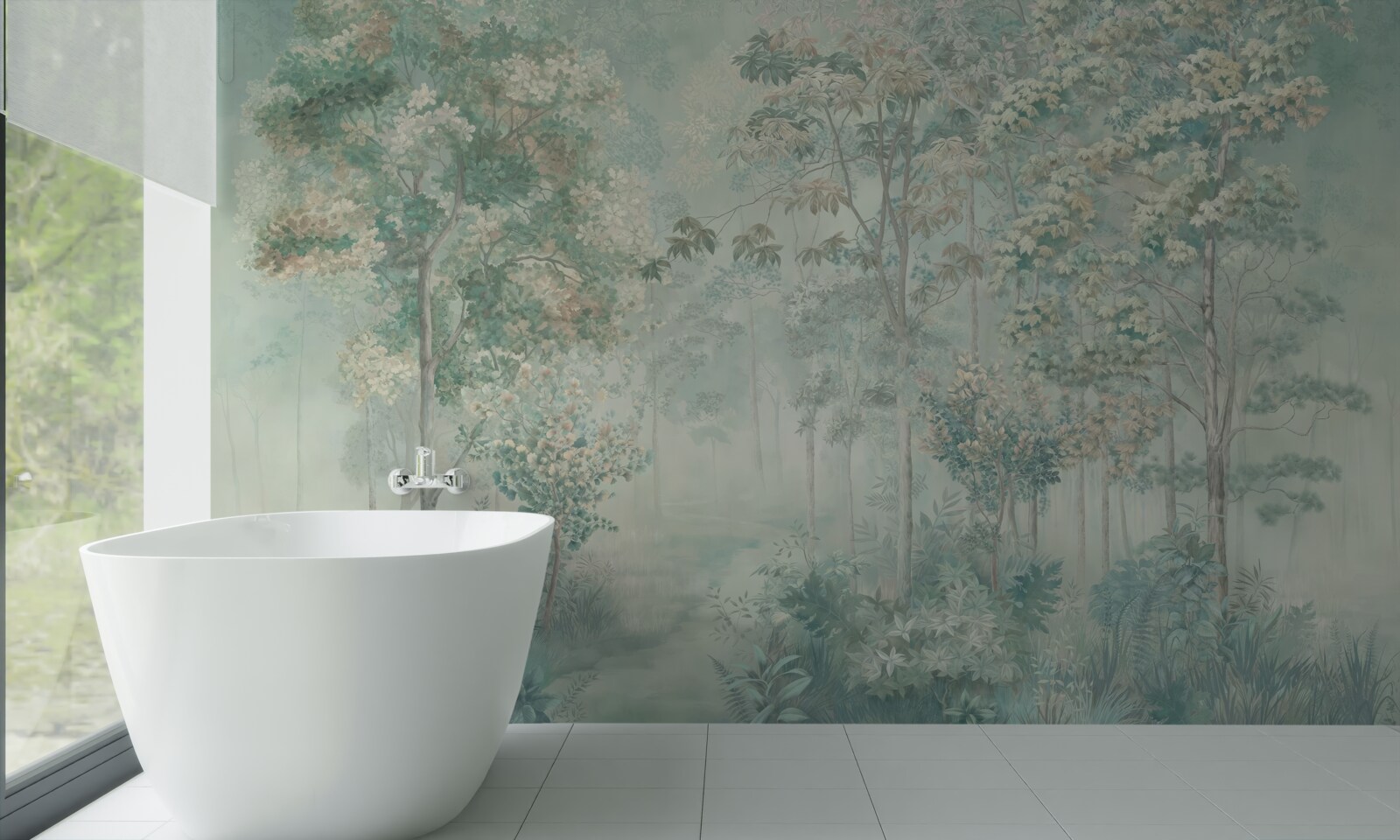 Fotobehang mysterieus bos gehuld in mist