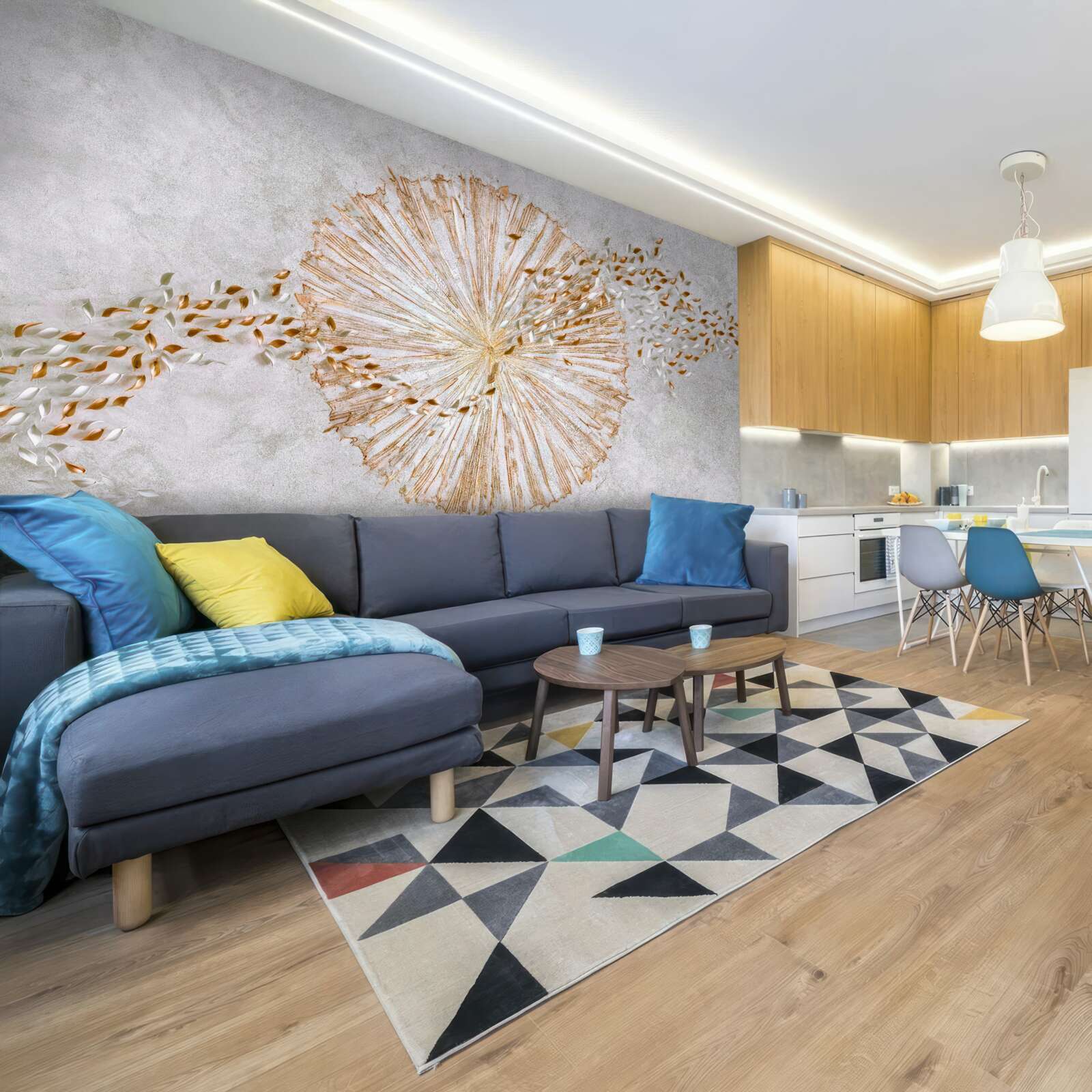 Fotobehang cirkel van goud en drijvende bloemblaadjes