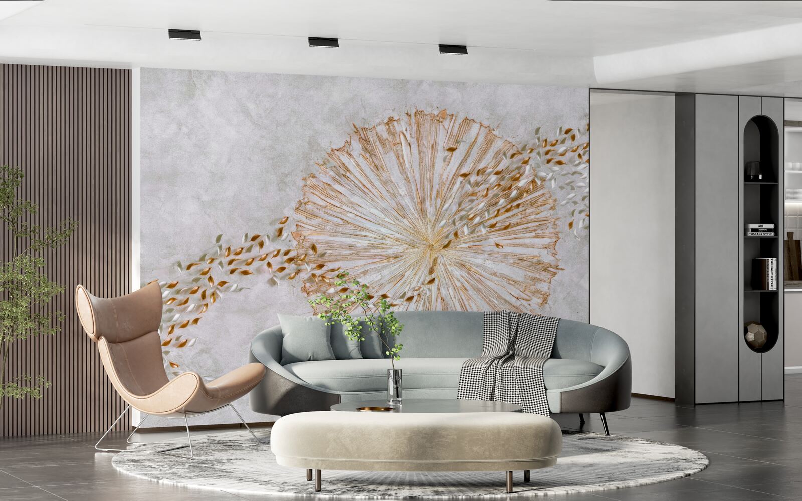 Fotobehang cirkel van goud en drijvende bloemblaadjes