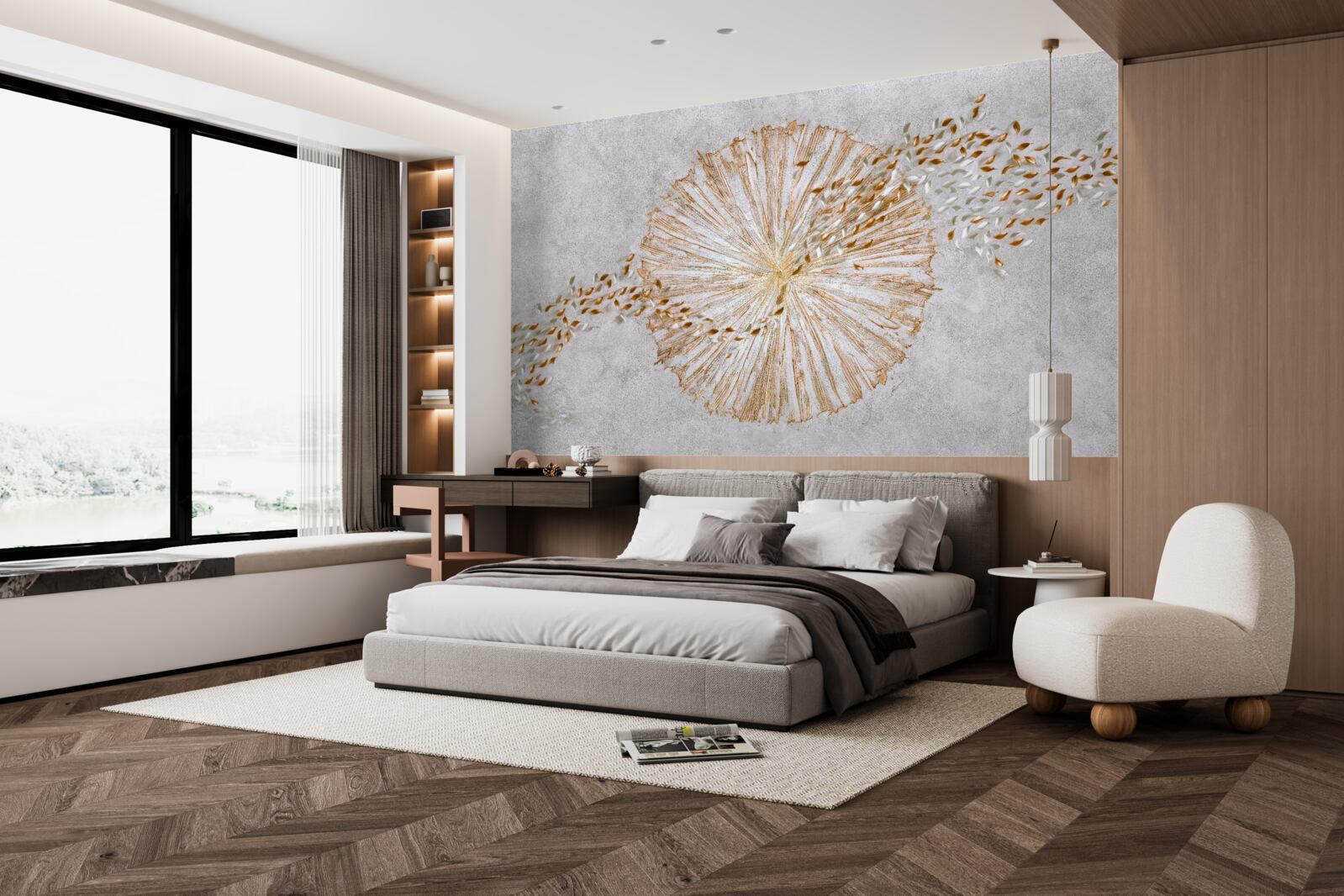 Fotobehang cirkel van goud en drijvende bloemblaadjes