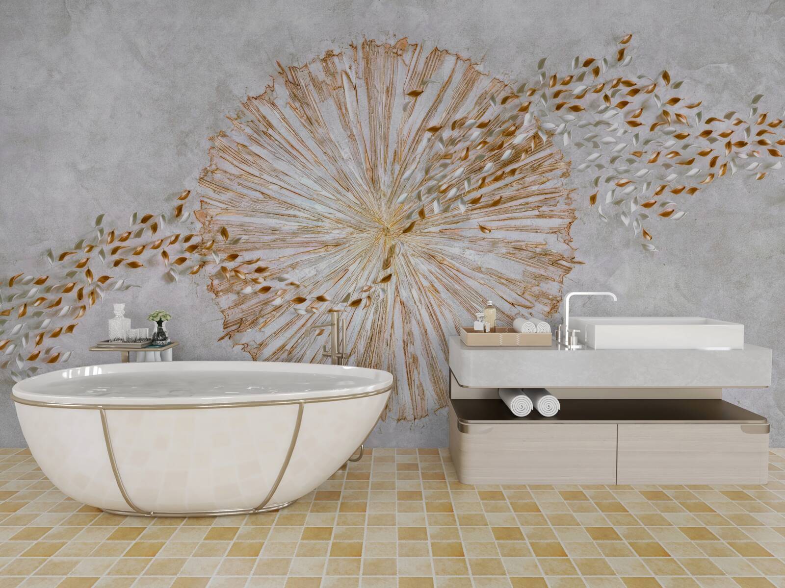 Fotobehang cirkel van goud en drijvende bloemblaadjes