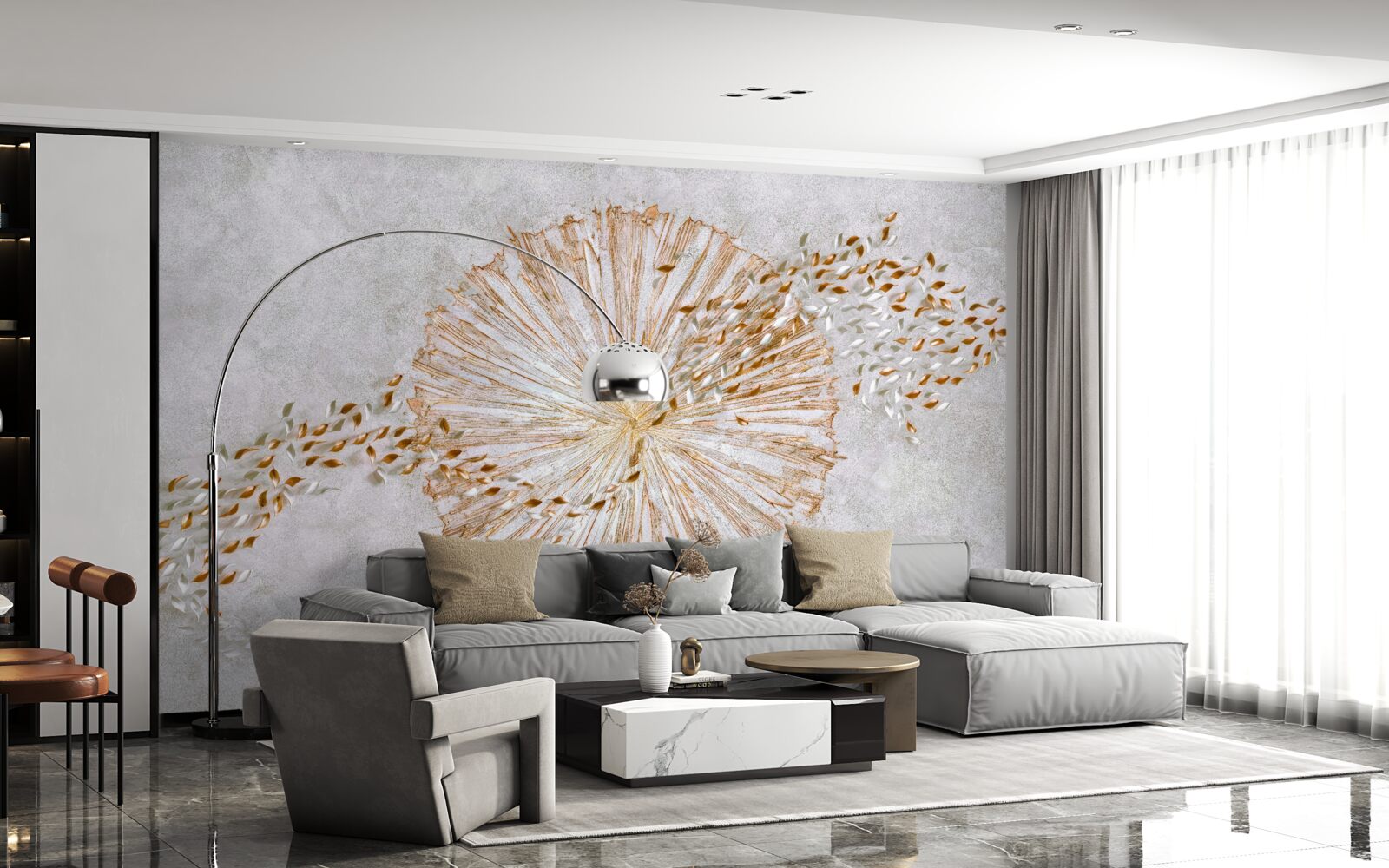 Fotobehang cirkel van goud en drijvende bloemblaadjes