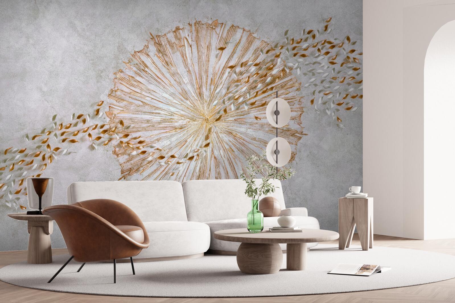 Fotobehang cirkel van goud en drijvende bloemblaadjes