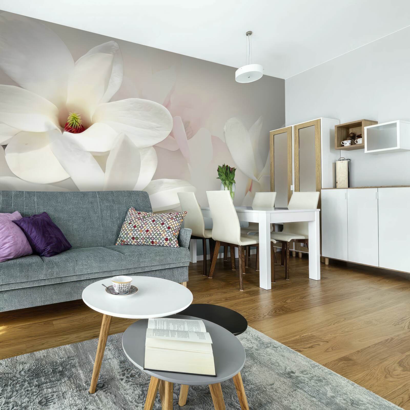 Fotobehang grote witte bloemen in volle bloei