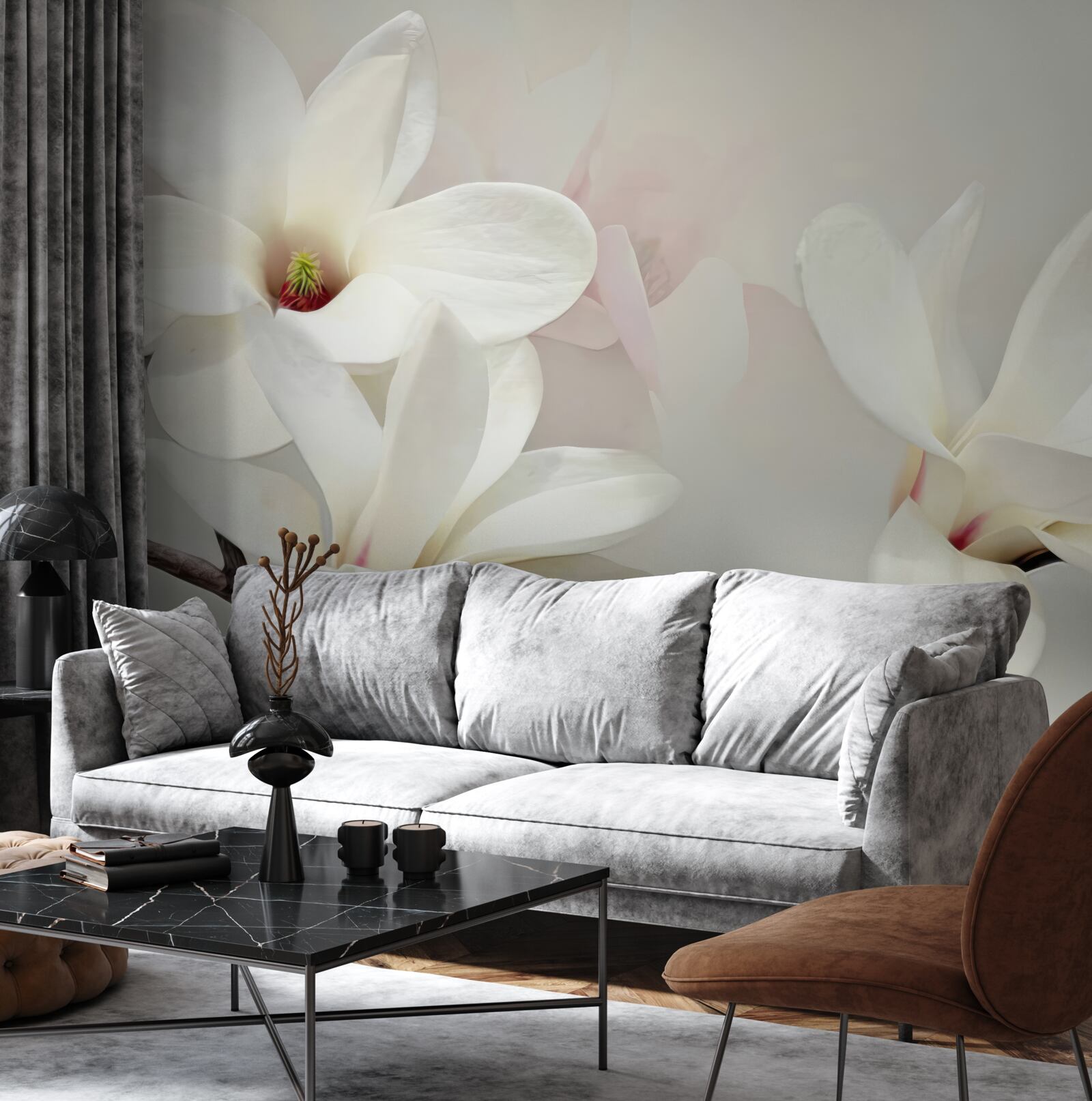 Fotobehang grote witte bloemen in volle bloei