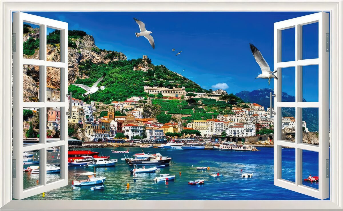 Fotobehang panoramisch uitzicht op de zee en de stad vanuit het raam