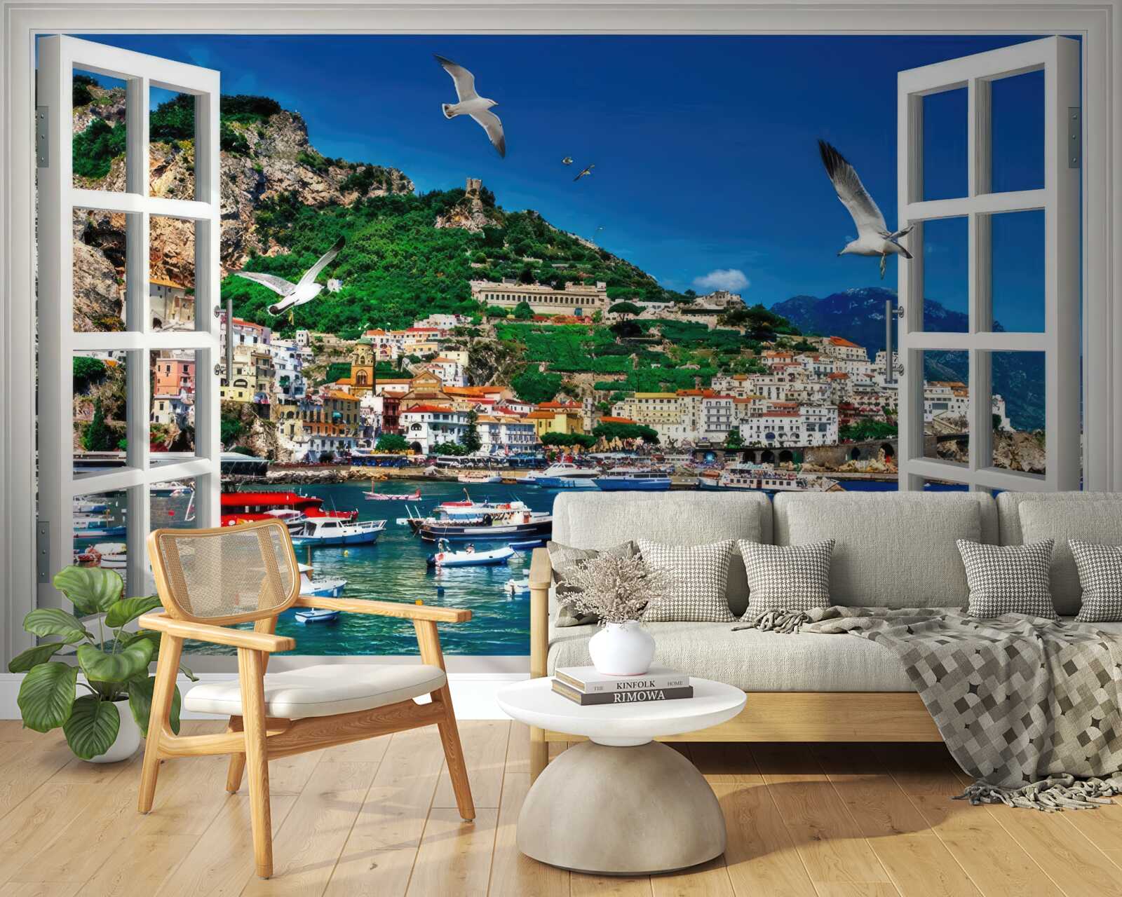 Fotobehang panoramisch uitzicht op de zee en de stad vanuit het raam