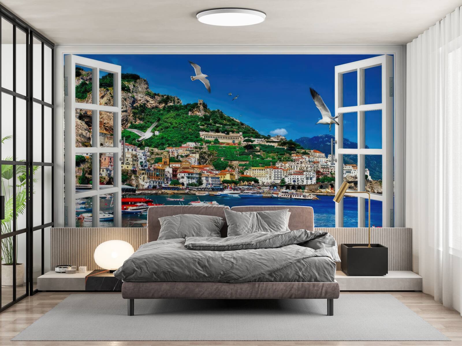 Fotobehang panoramisch uitzicht op de zee en de stad vanuit het raam