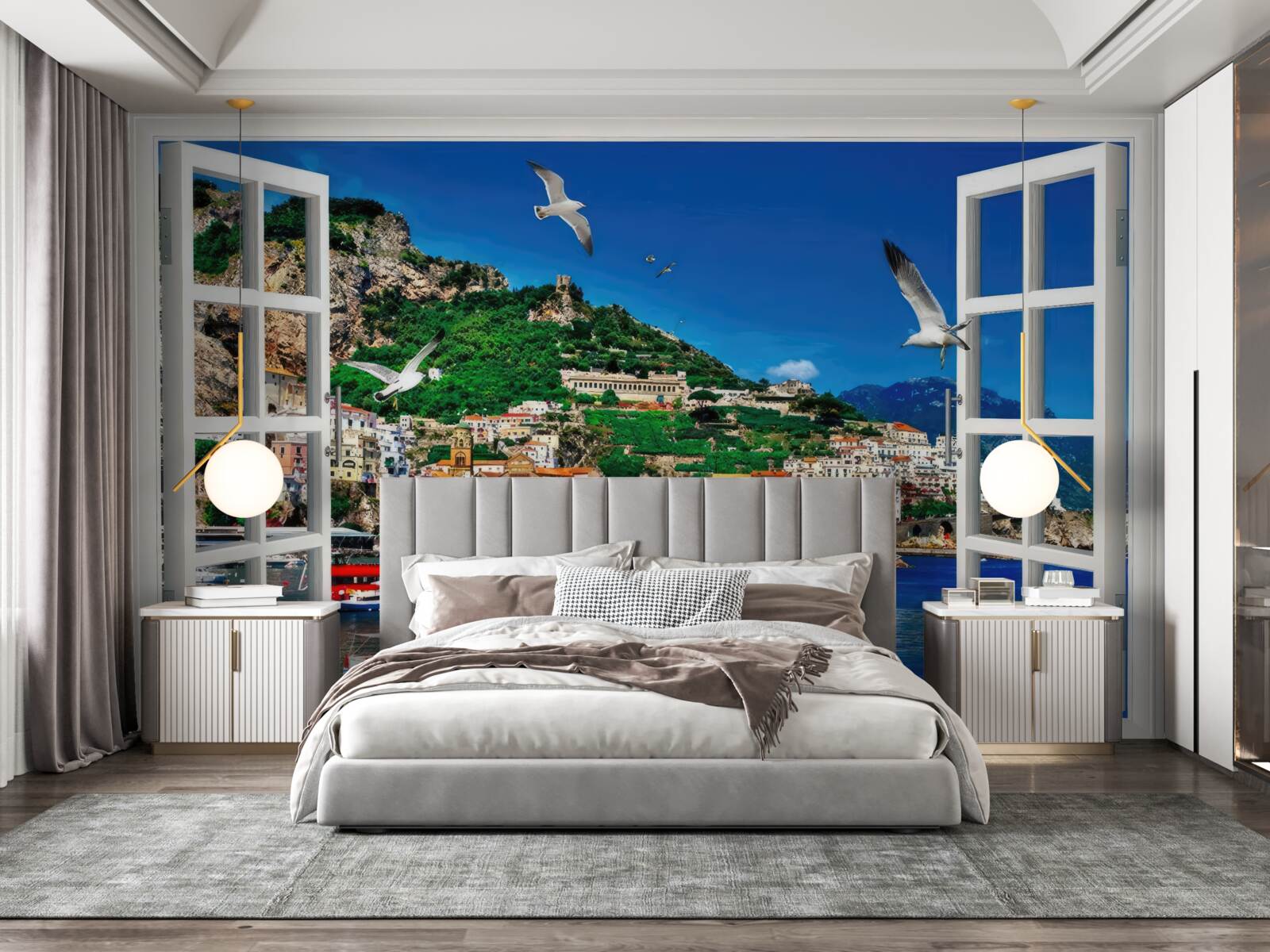 Fotobehang panoramisch uitzicht op de zee en de stad vanuit het raam