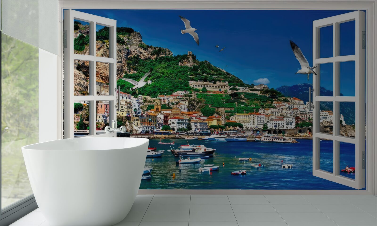 Fotobehang panoramisch uitzicht op de zee en de stad vanuit het raam