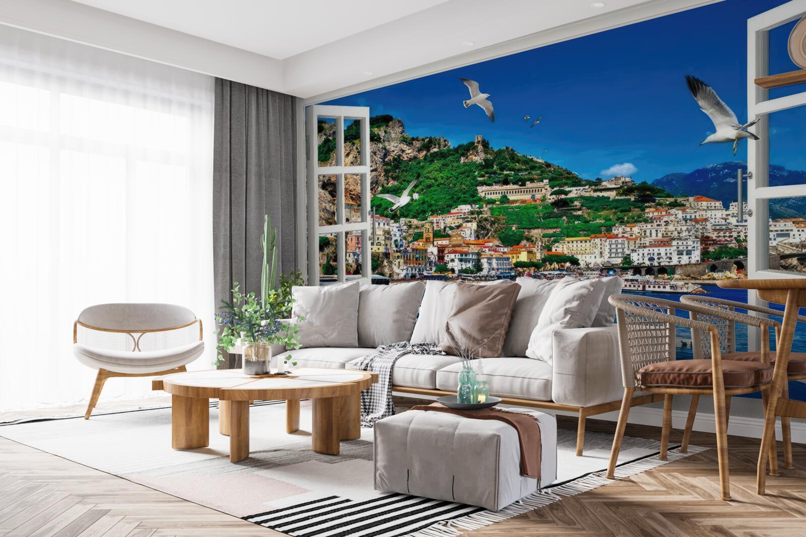 Fotobehang panoramisch uitzicht op de zee en de stad vanuit het raam