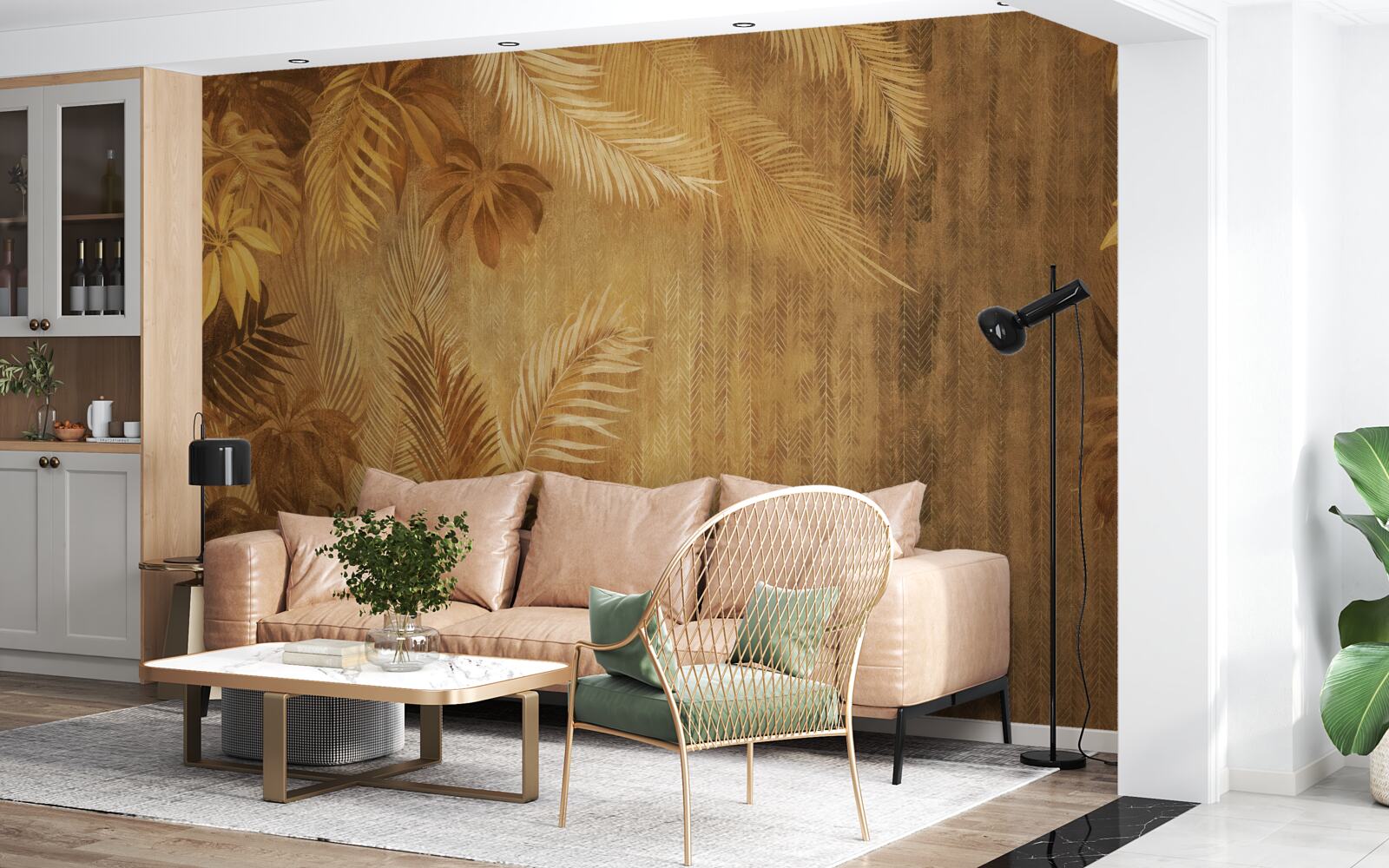 Fotobehang bruine bladeren en muur