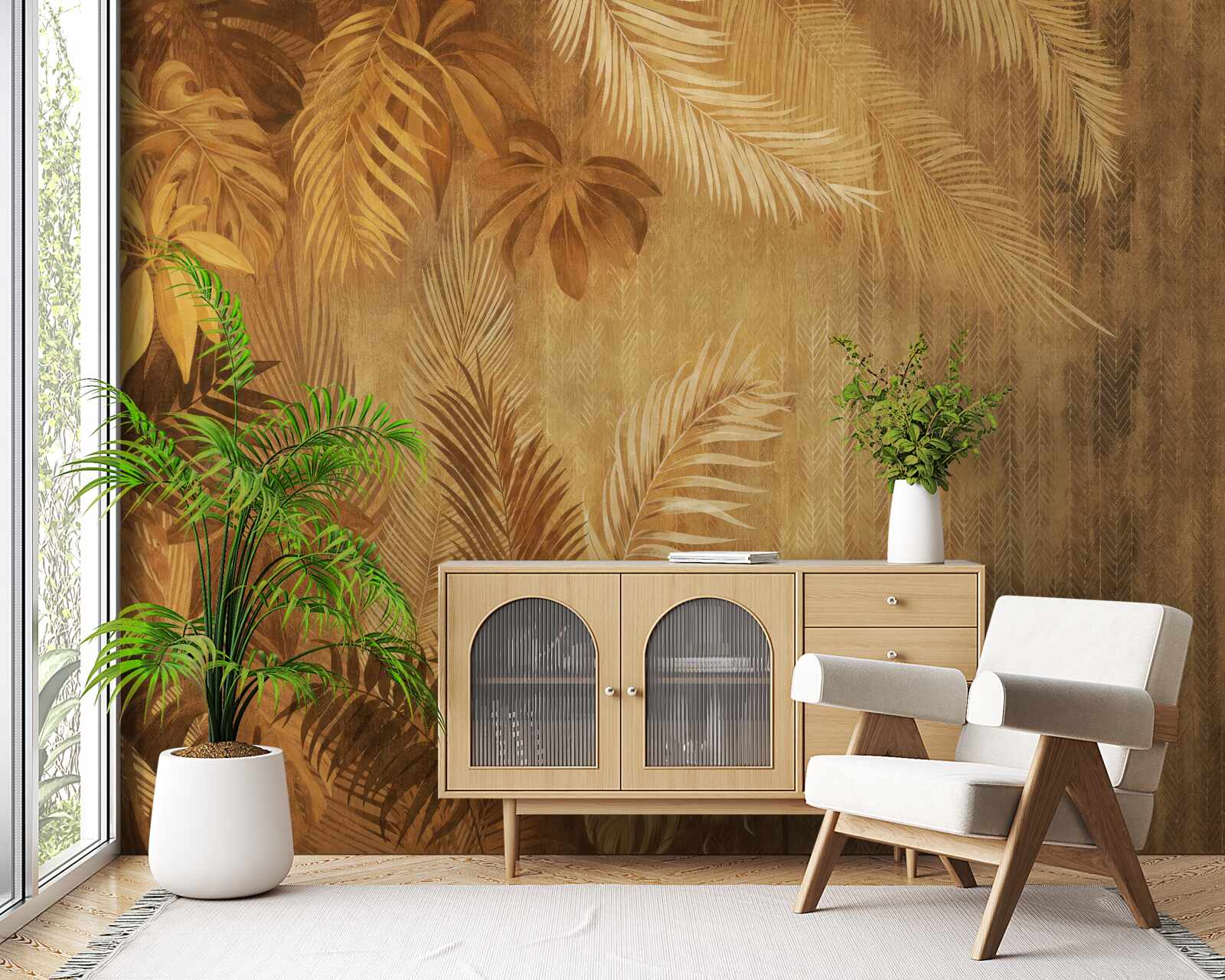 Fotobehang bruine bladeren en muur