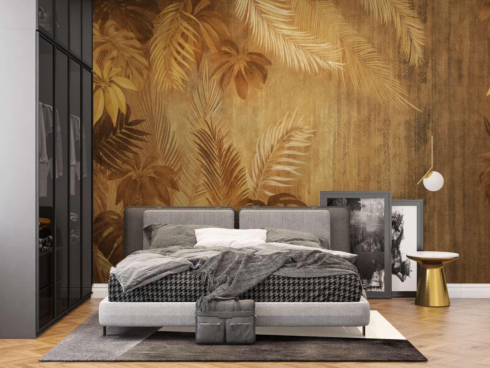 Fotobehang bruine bladeren en muur