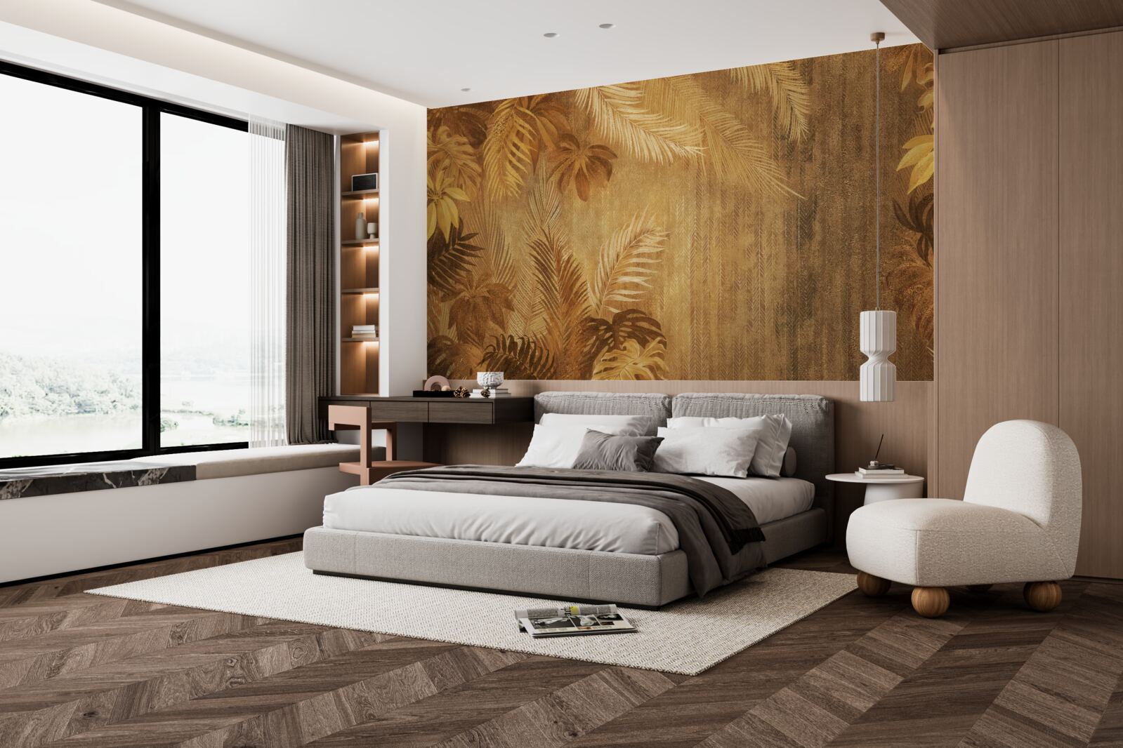 Fotobehang bruine bladeren en muur