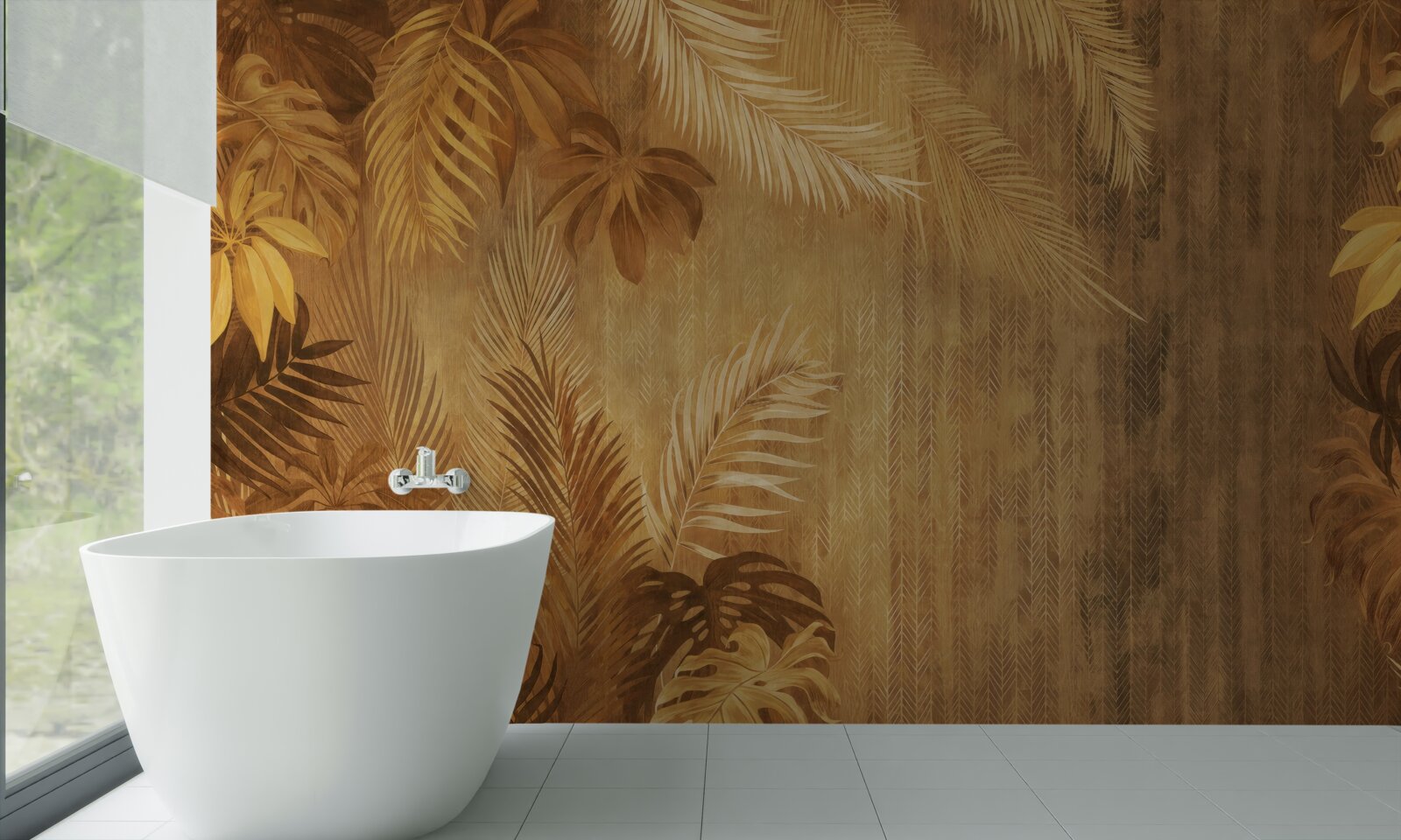 Fotobehang bruine bladeren en muur