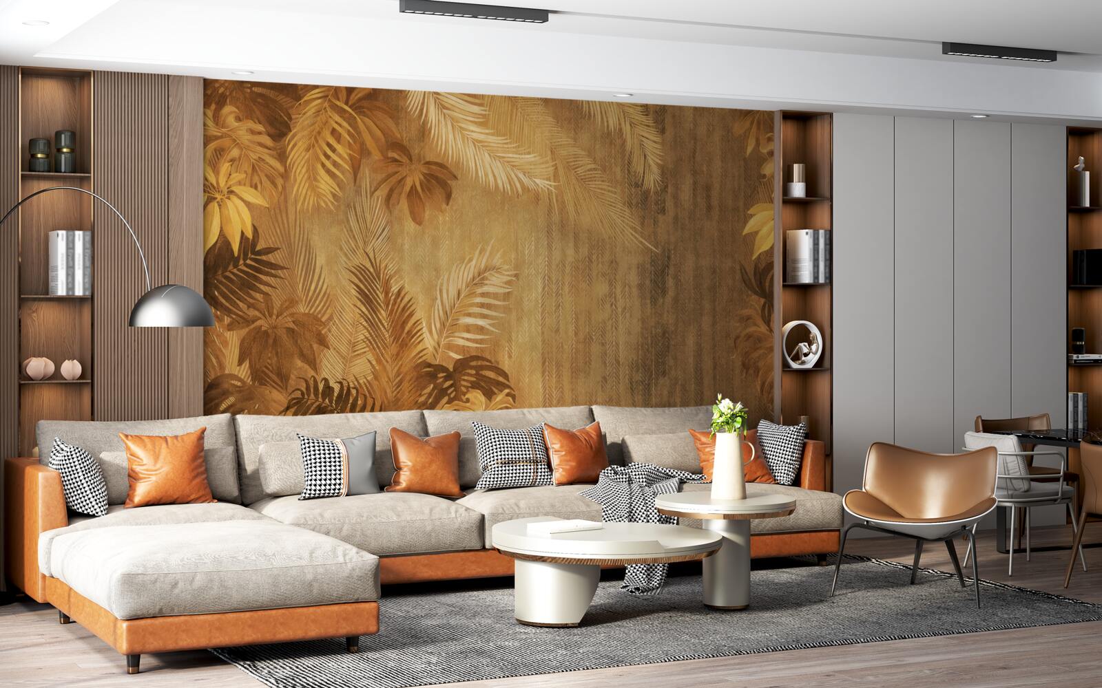 Fotobehang bruine bladeren en muur