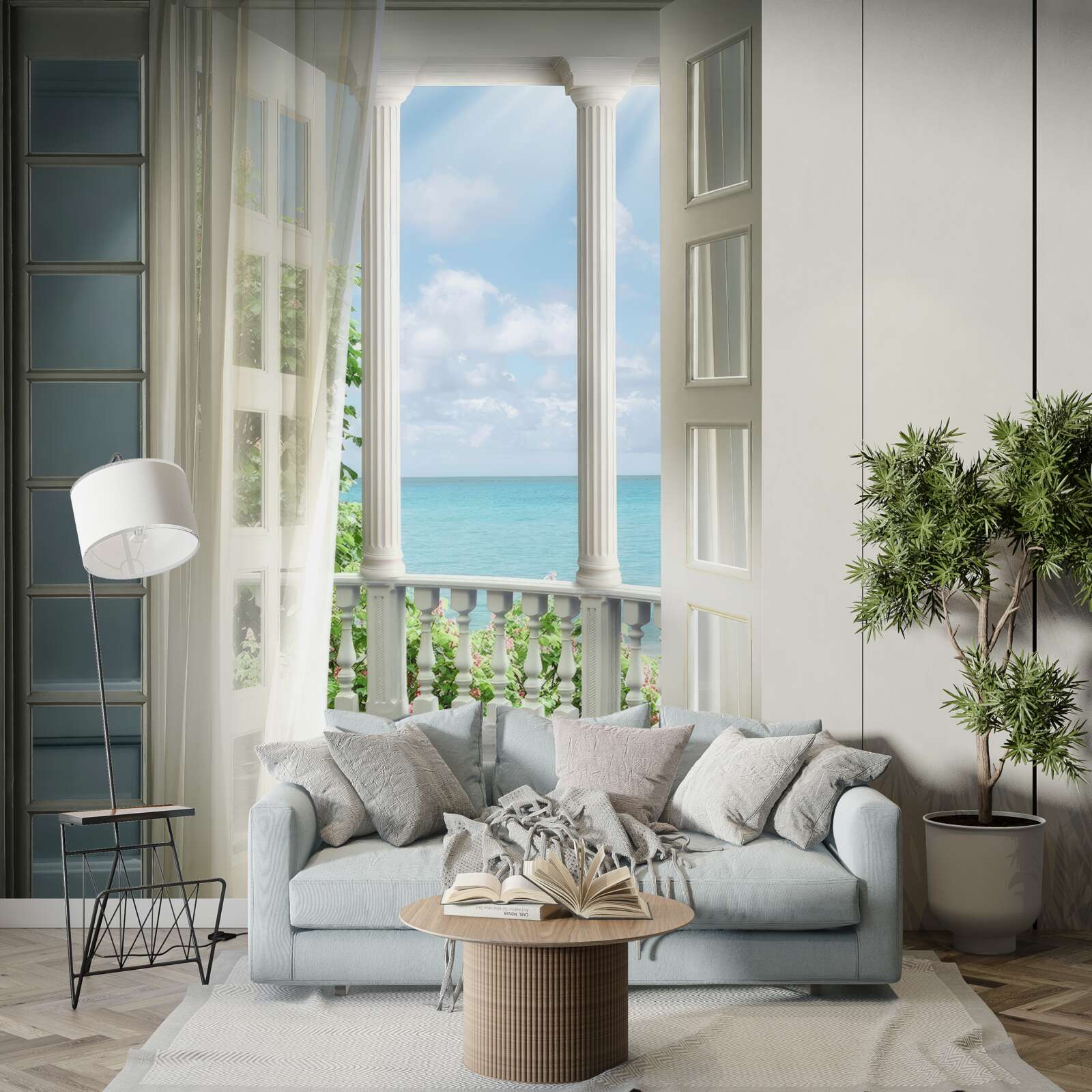 Fotobehang de deur naar het balkon staat open