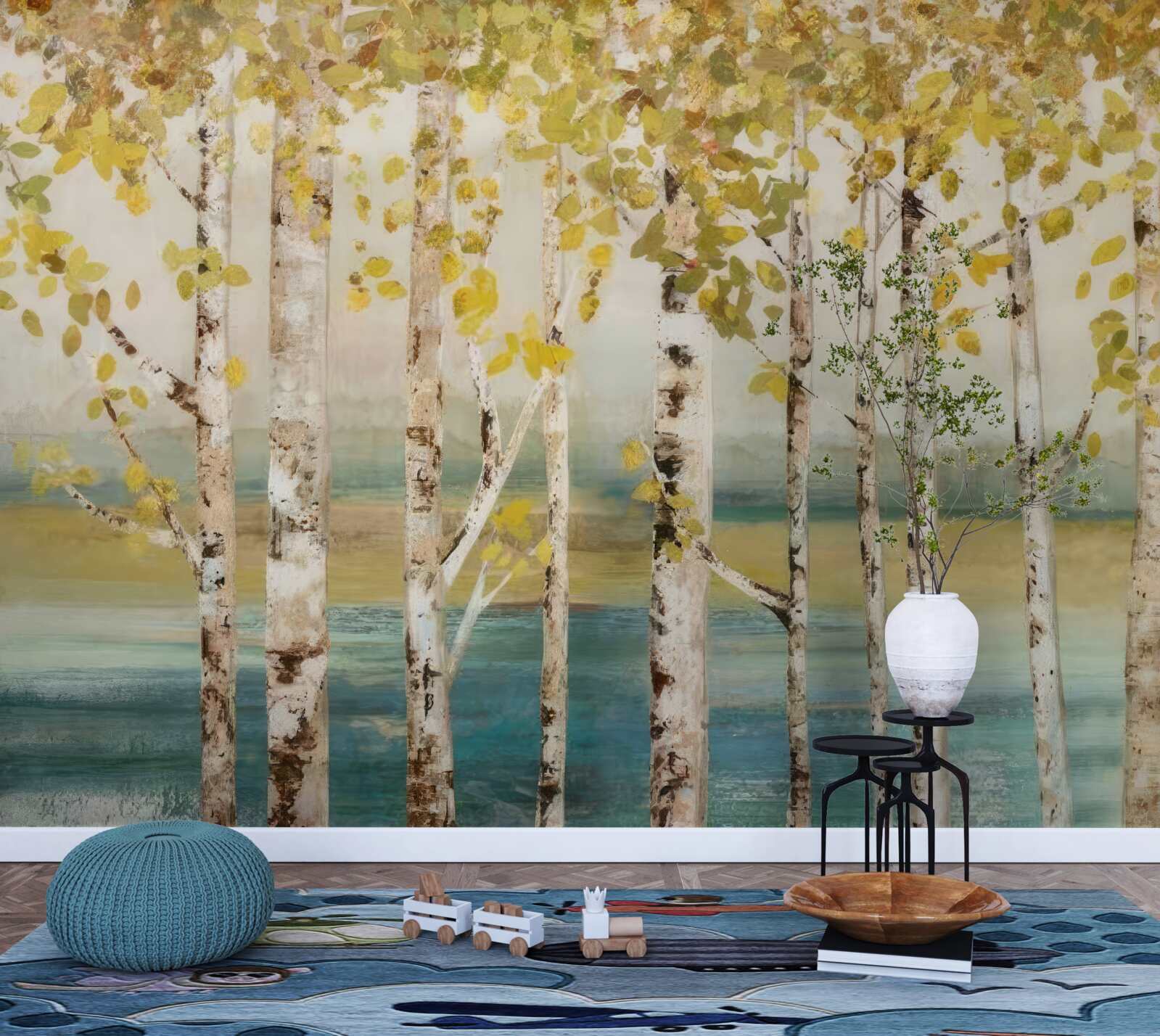 Fotobehang bomen met gele bladeren staan bij water