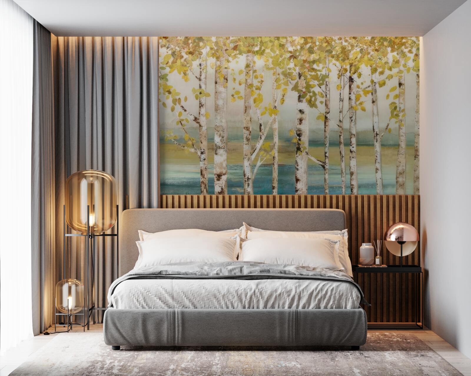 Fotobehang bomen met gele bladeren staan bij water