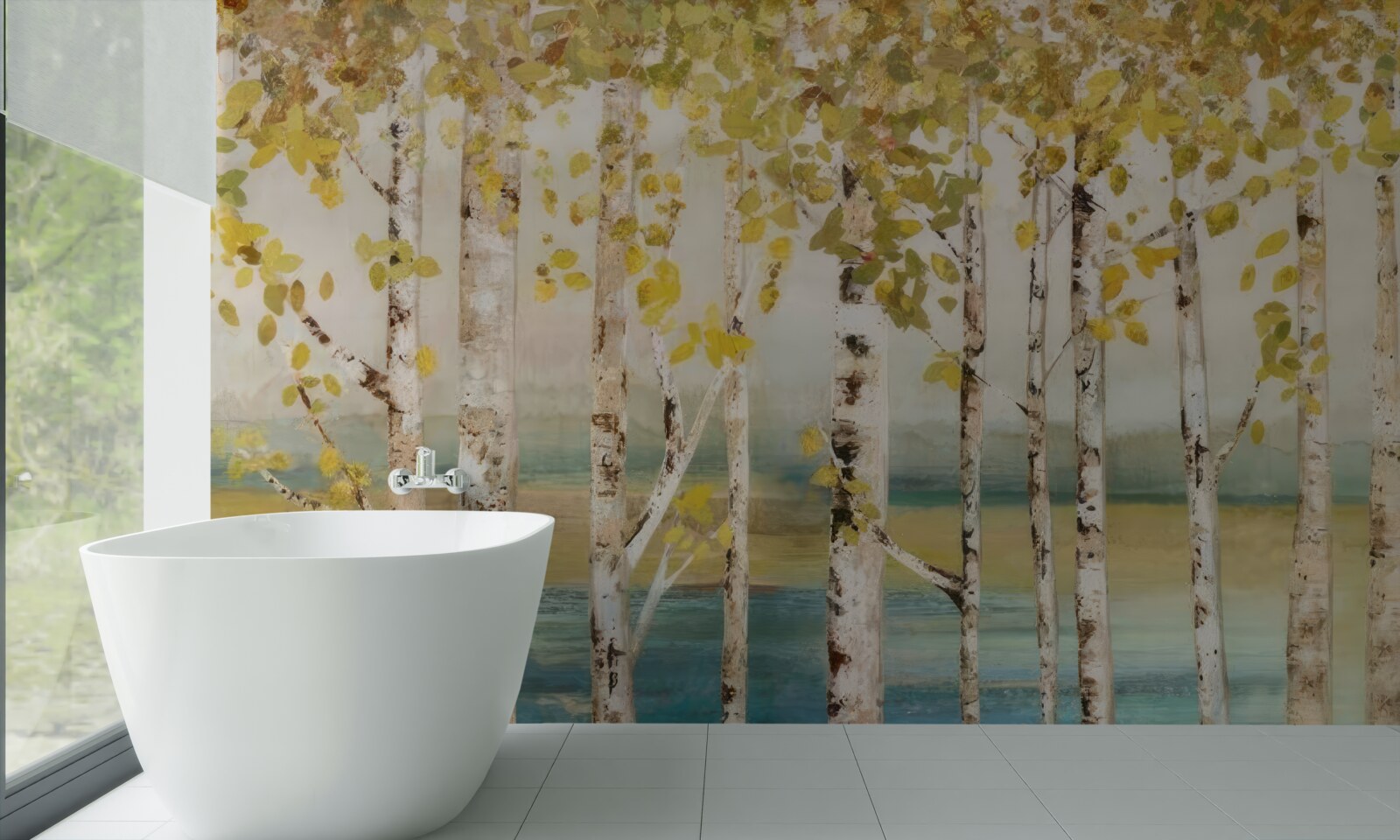 Fotobehang bomen met gele bladeren staan bij water