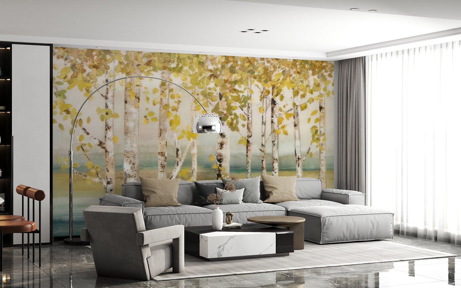 Fotobehang bomen met gele bladeren staan bij water