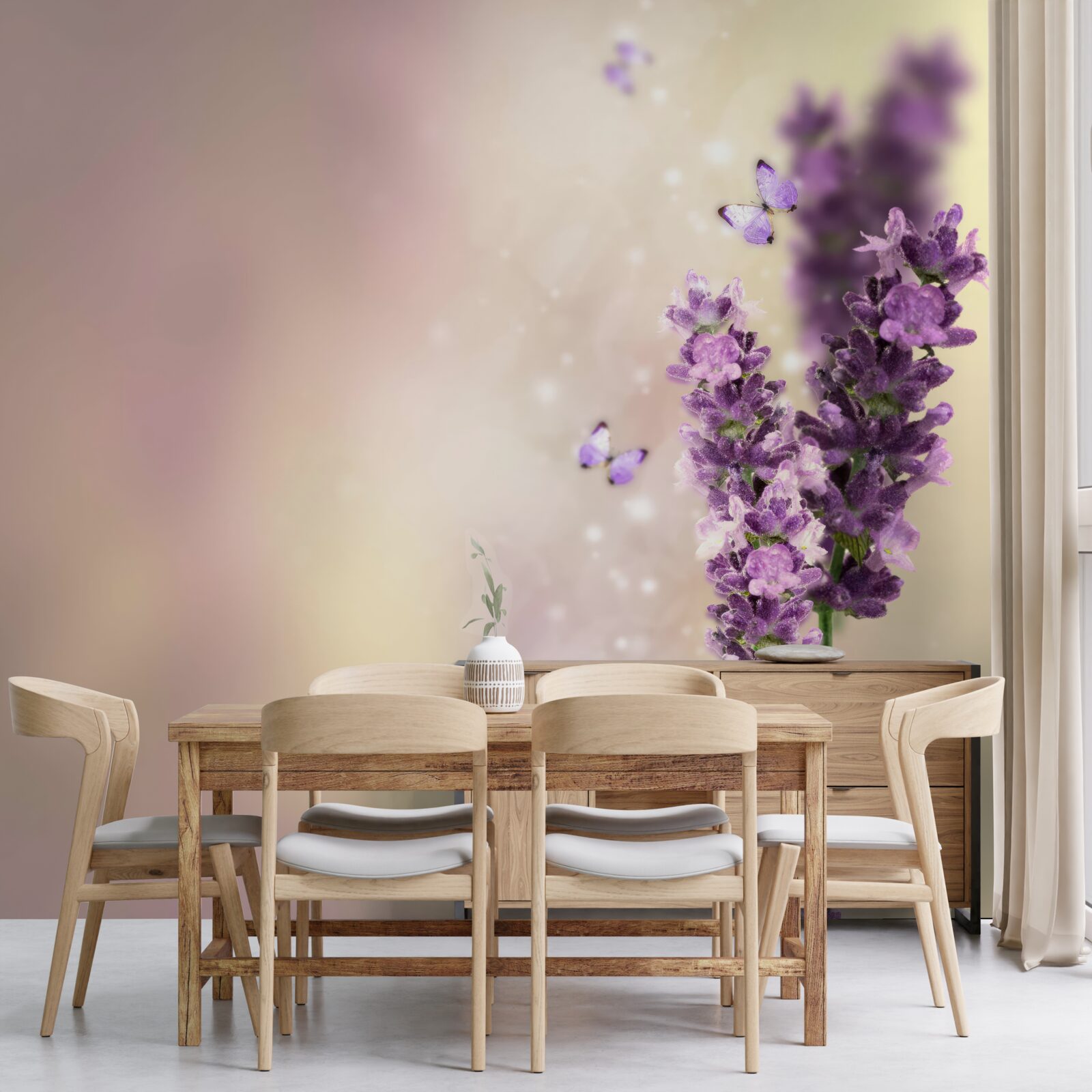 Fotobehang lavendel omringd door fladderende vlinders